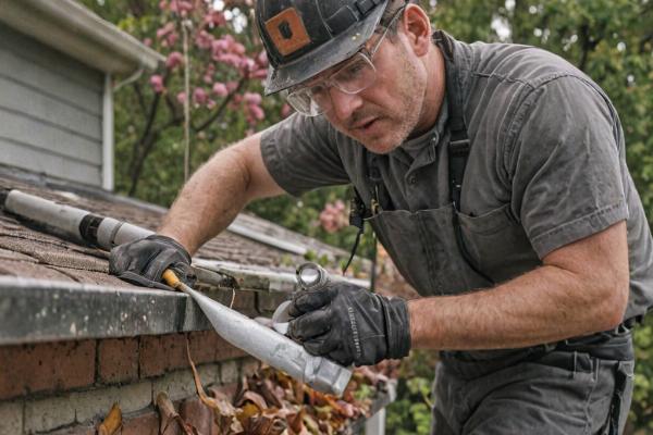 Professional gutter technician working on home