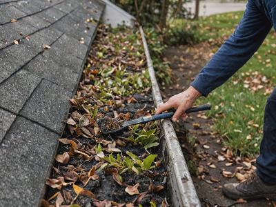 Professional gutter cleaning in progress